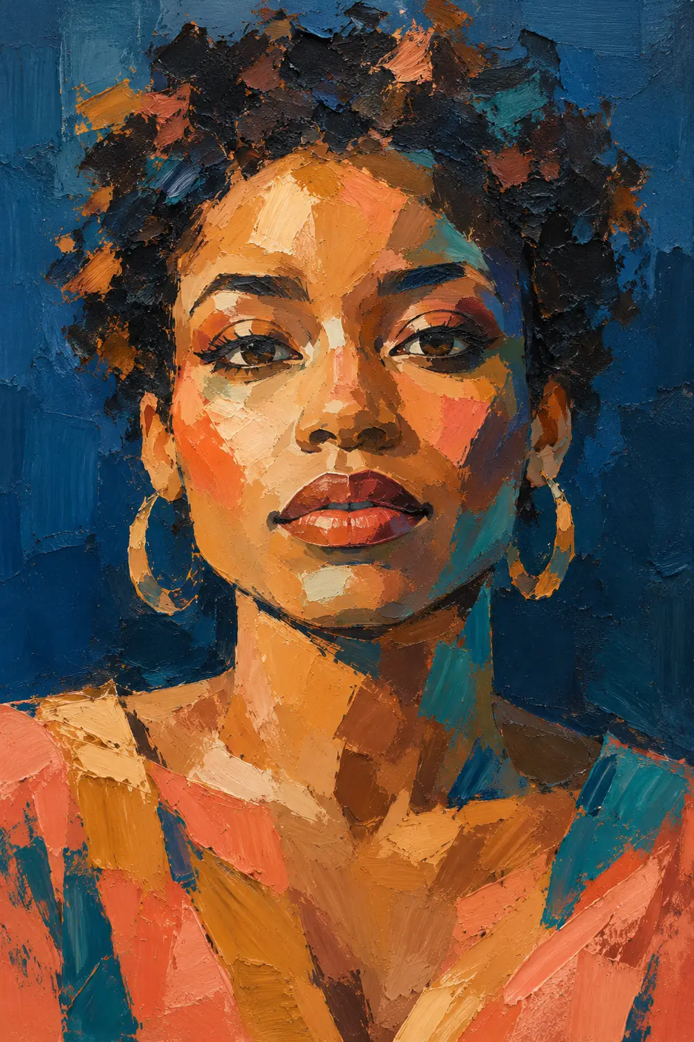 A forward-facing woman with short natural curls, painted in angular coral, ochre, teal, and ochre planes against deep blue.