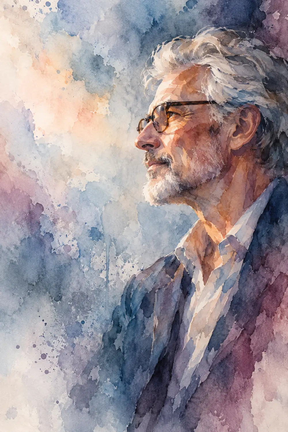 A silver-haired man with glasses in left-facing profile, painted in layered blue, peach, and plum watercolor washes.