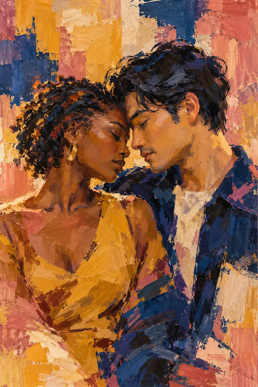 A Black woman with short twists and an East Asian man with wavy dark hair lean forehead-to-forehead in a textured mustard, rose, cream, and indigo acrylic painting.