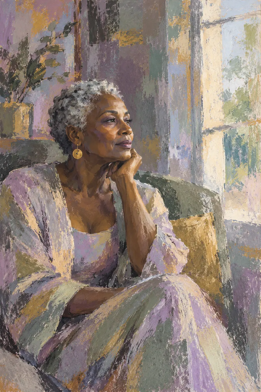 Textured pastel-style abstract portrait of an older woman with gray hair seated in three-quarter view, looking toward a bright window.