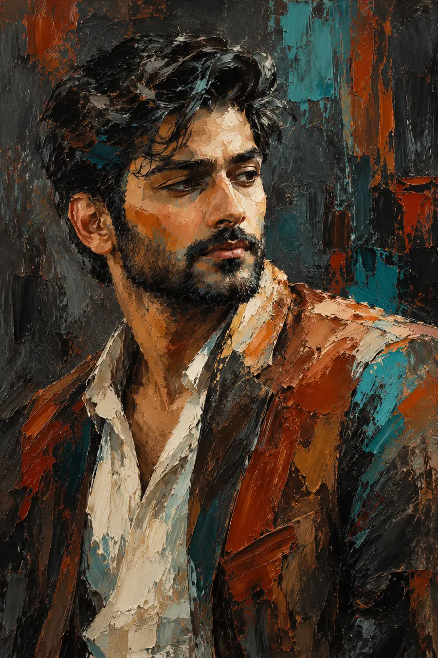 A bearded man in three-quarter view, painted with thick sienna, ivory, turquoise, and charcoal strokes against a dark abstract background.