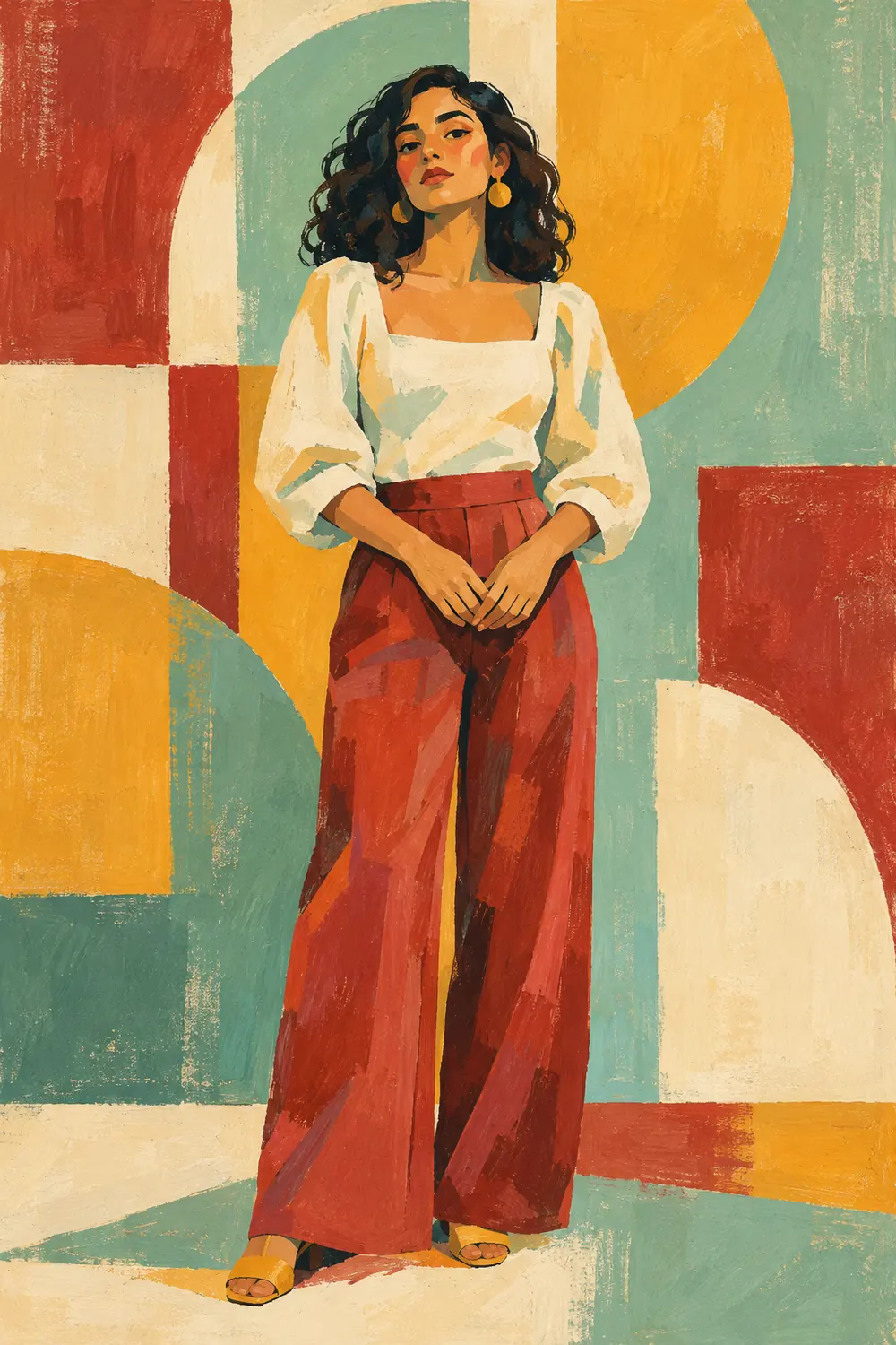 A full-length woman with dark curls and loosely clasped hands, painted in textured gouache against geometric mint, cream, marigold, and brick-red shapes.