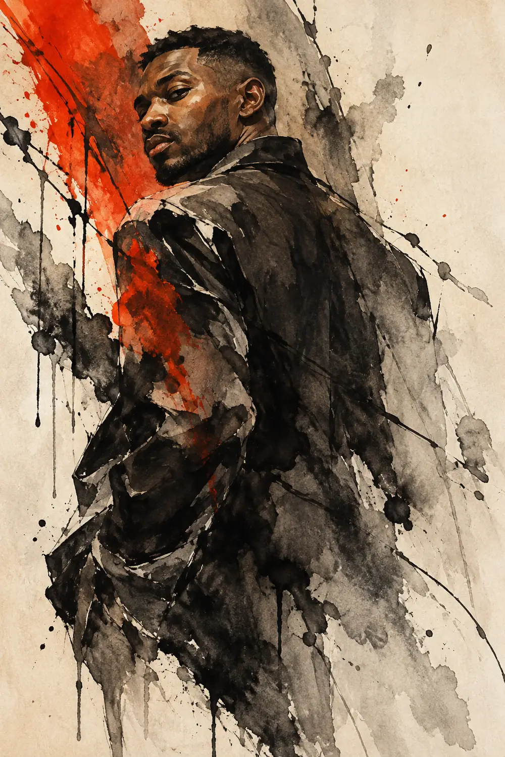 A Black man in a dark jacket looks over his shoulder, painted in expressive black ink washes with vivid vermilion strokes on warm paper.