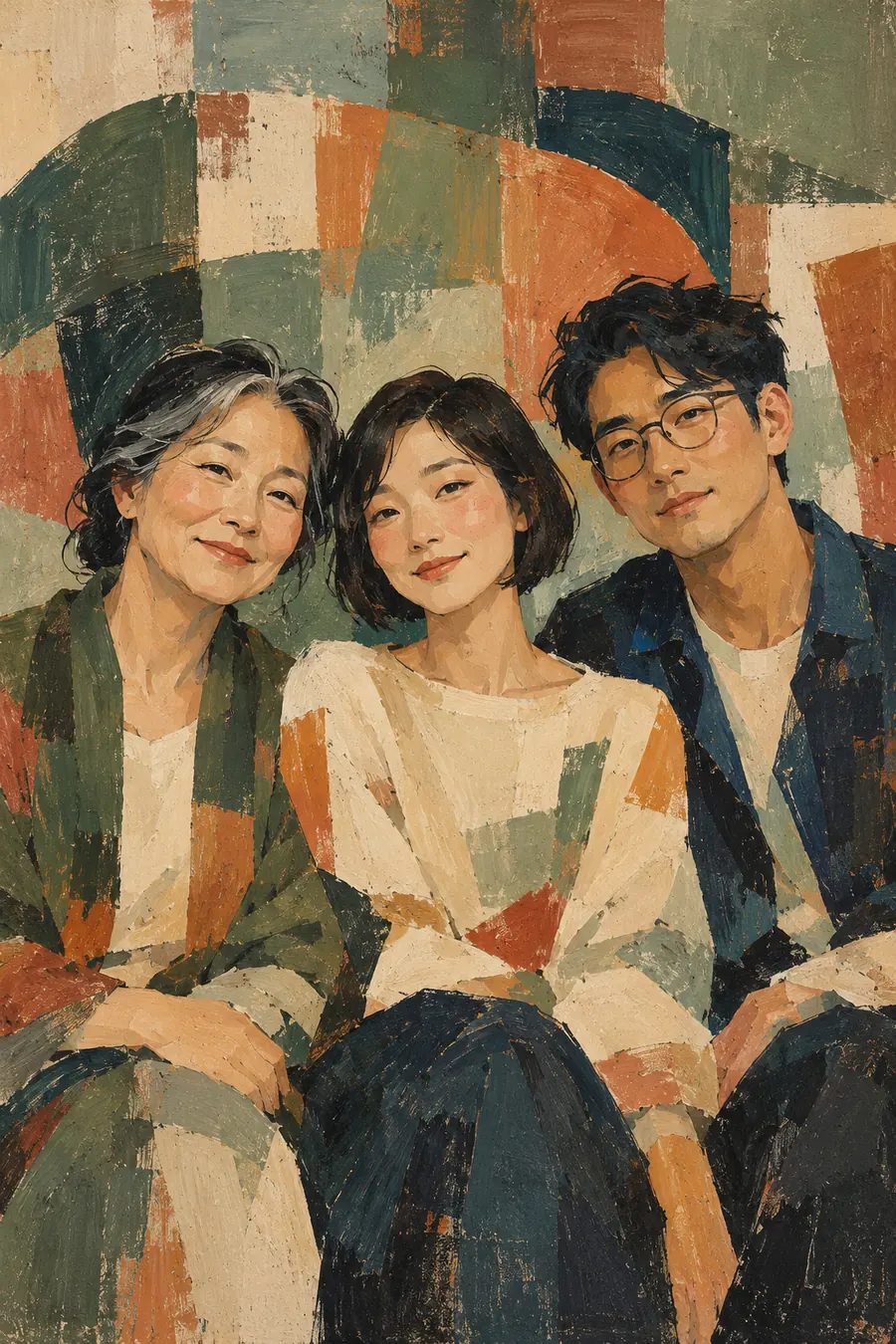 An older woman, a bob-haired woman, and a man with glasses sit shoulder to shoulder in a textured abstract acrylic painting of muted green, terracotta, cream, and navy.