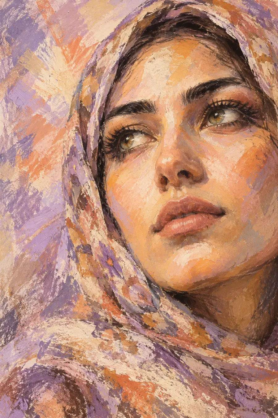 Vertical pastel painting of a fictional woman in a patterned headscarf, gazing upward, with warm apricot and cream facial planes against lavender strokes.