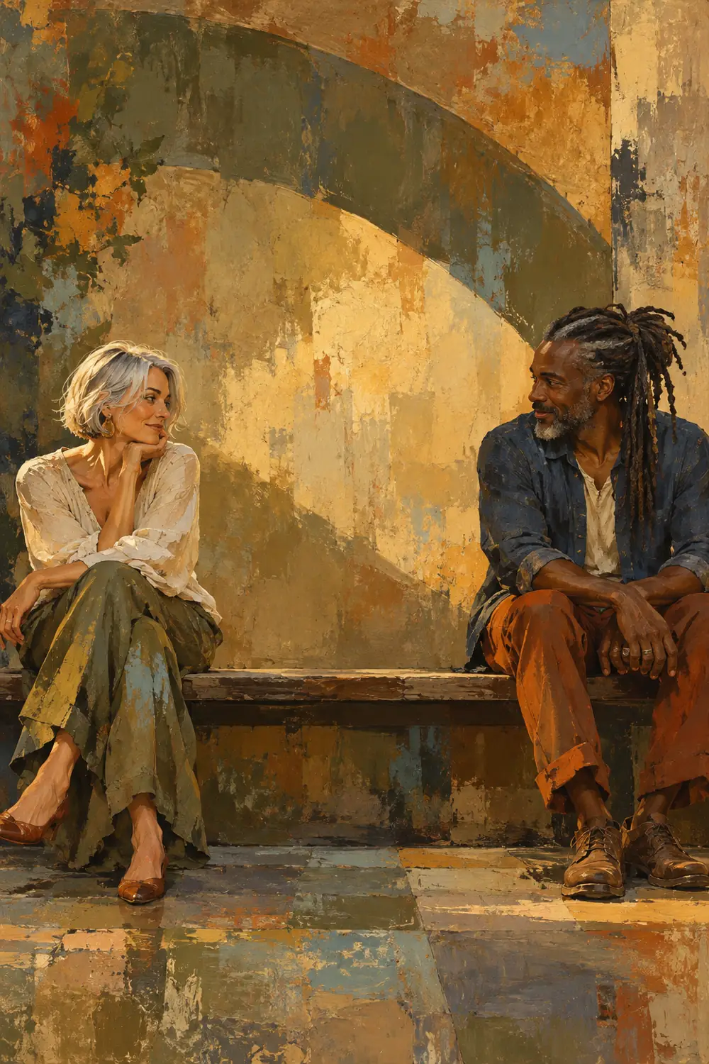 A silver-haired woman and a Black man with salt-and-pepper locs sit facing each other on a low bench beneath a broad olive shadow arch, painted in textured oil colors.