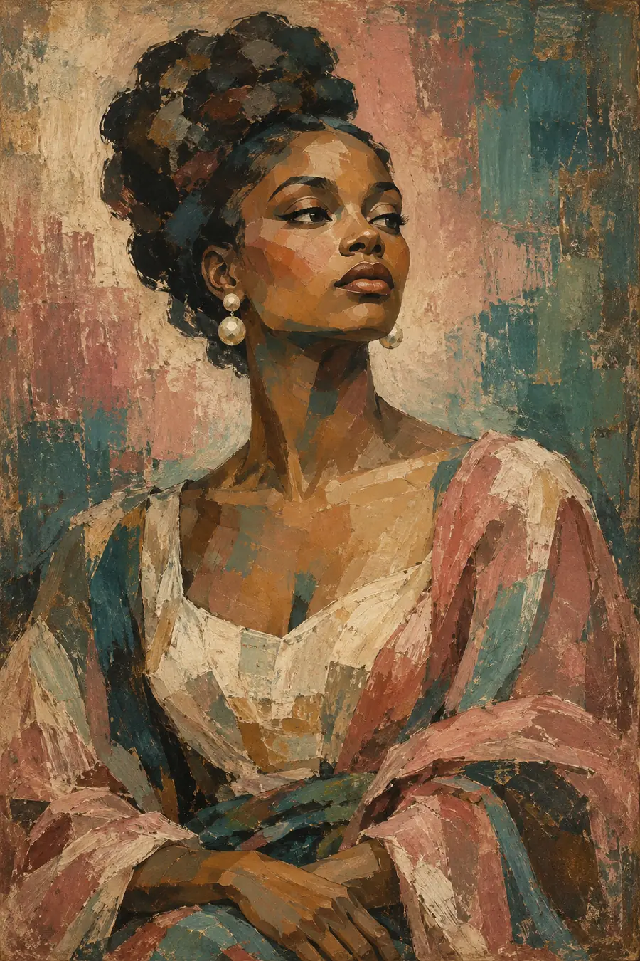 A half-length abstract portrait of a Black woman with a sculptural updo and pearl-like earrings, painted in faded rose, teal, tobacco brown, and cream.