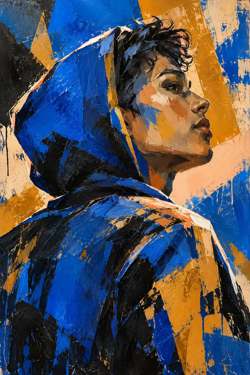 A hooded adult in bold electric blue, ochre, black, and peach acrylic shapes, facing upper right in partial profile.