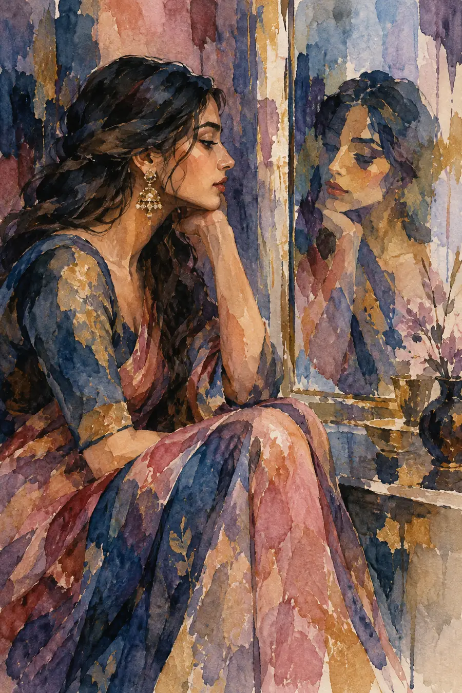A seated woman in profile and her simplified mirror reflection painted in layered indigo, rose, muted gold, and lavender watercolor.