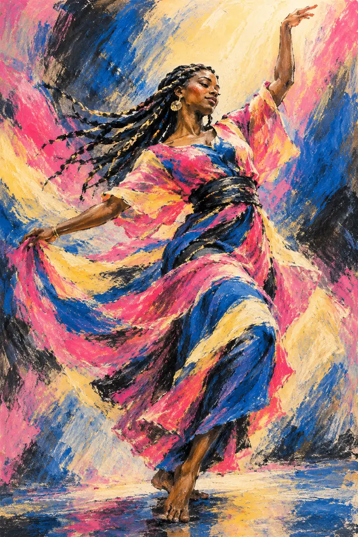 A braided dancer in a flowing pink and blue outfit raises one arm against broad pink, cobalt, yellow, and charcoal painted strokes.