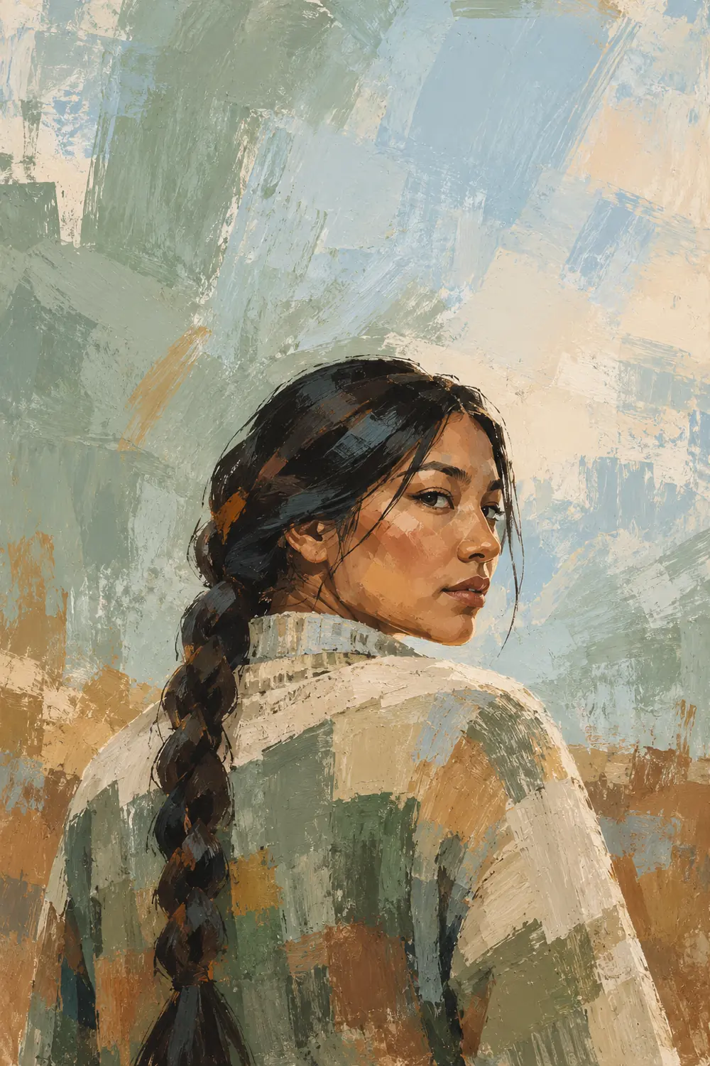 Textured acrylic painting of a braided adult in a cream and sage sweater, looking back over one shoulder against an open sage, pale blue, and cream field.