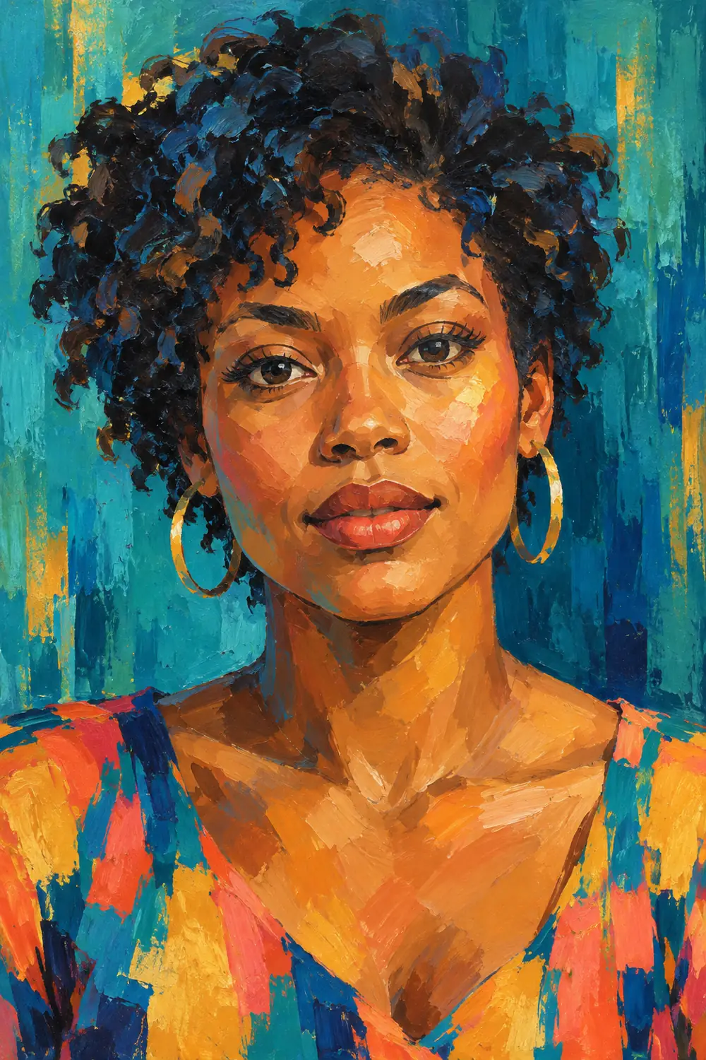 Finished acrylic portrait of a fictional woman with short natural curls, painted in warm coral and gold against a textured teal and blue background.