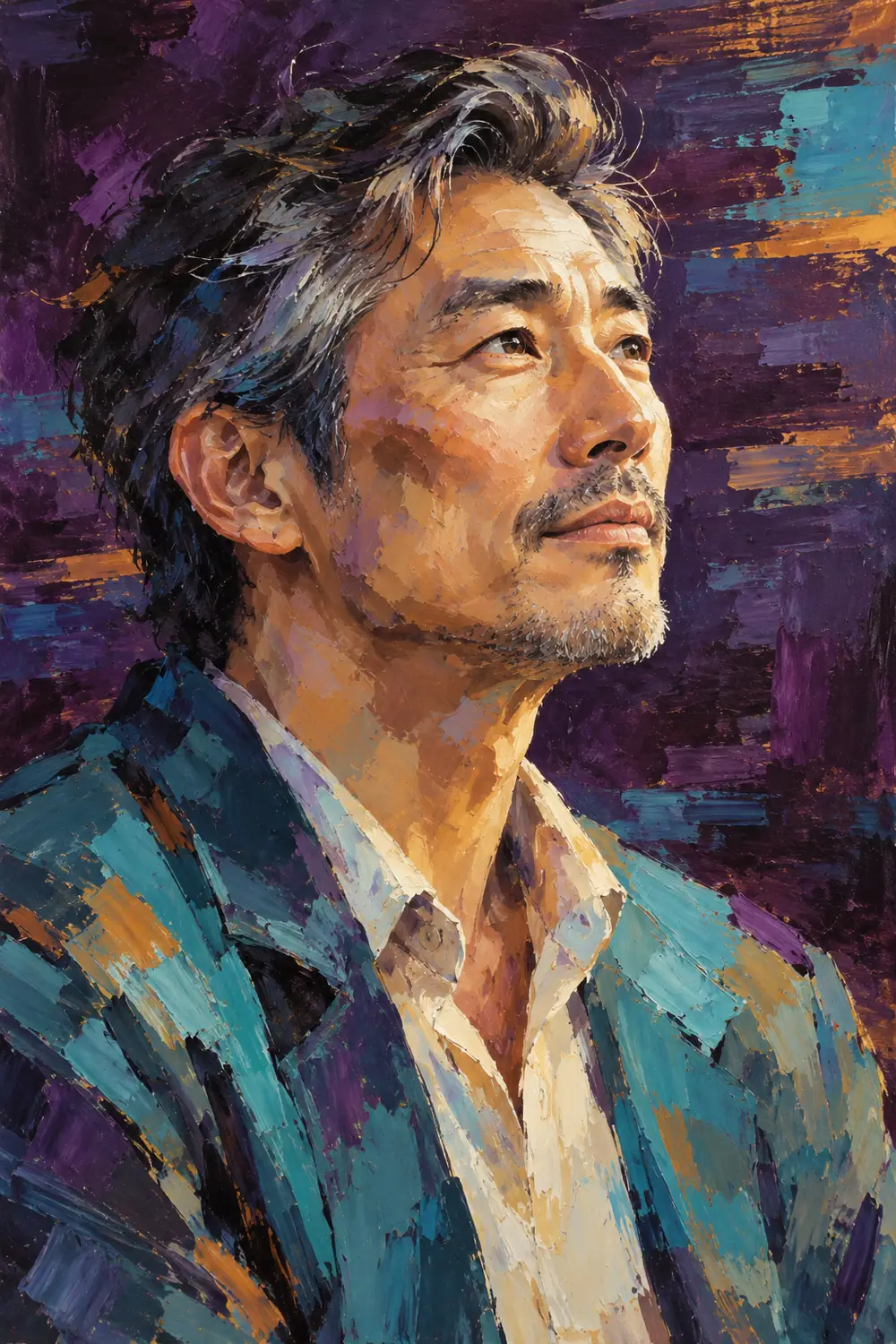 Acrylic portrait painting of a fictional East Asian man with salt-and-pepper hair and light stubble, shown chest-up in three-quarter profile against a streaked plum background.