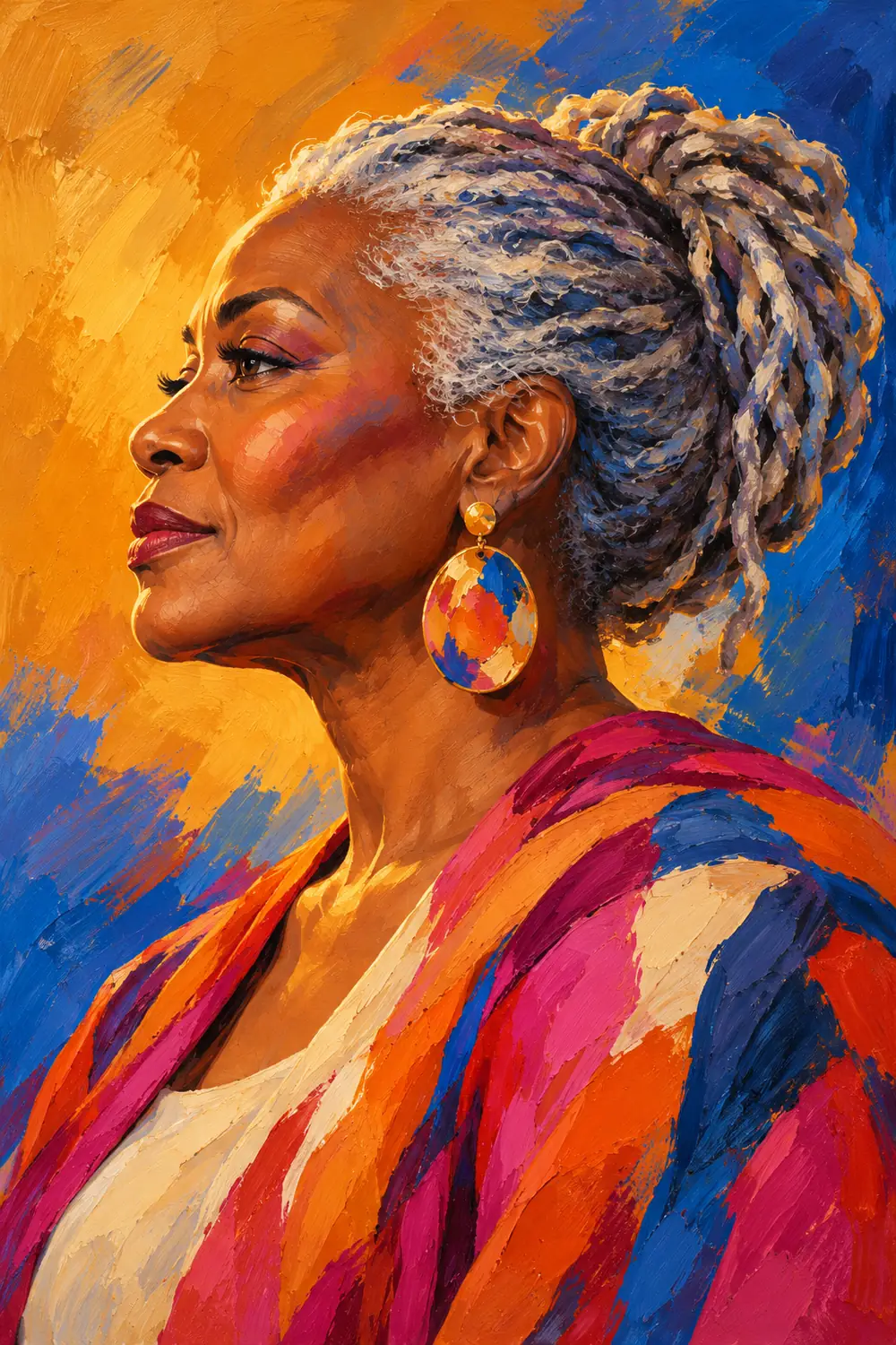 Vibrant acrylic portrait painting of a fictional Black woman with silver locs in left-facing profile, against ochre and cobalt brushwork.