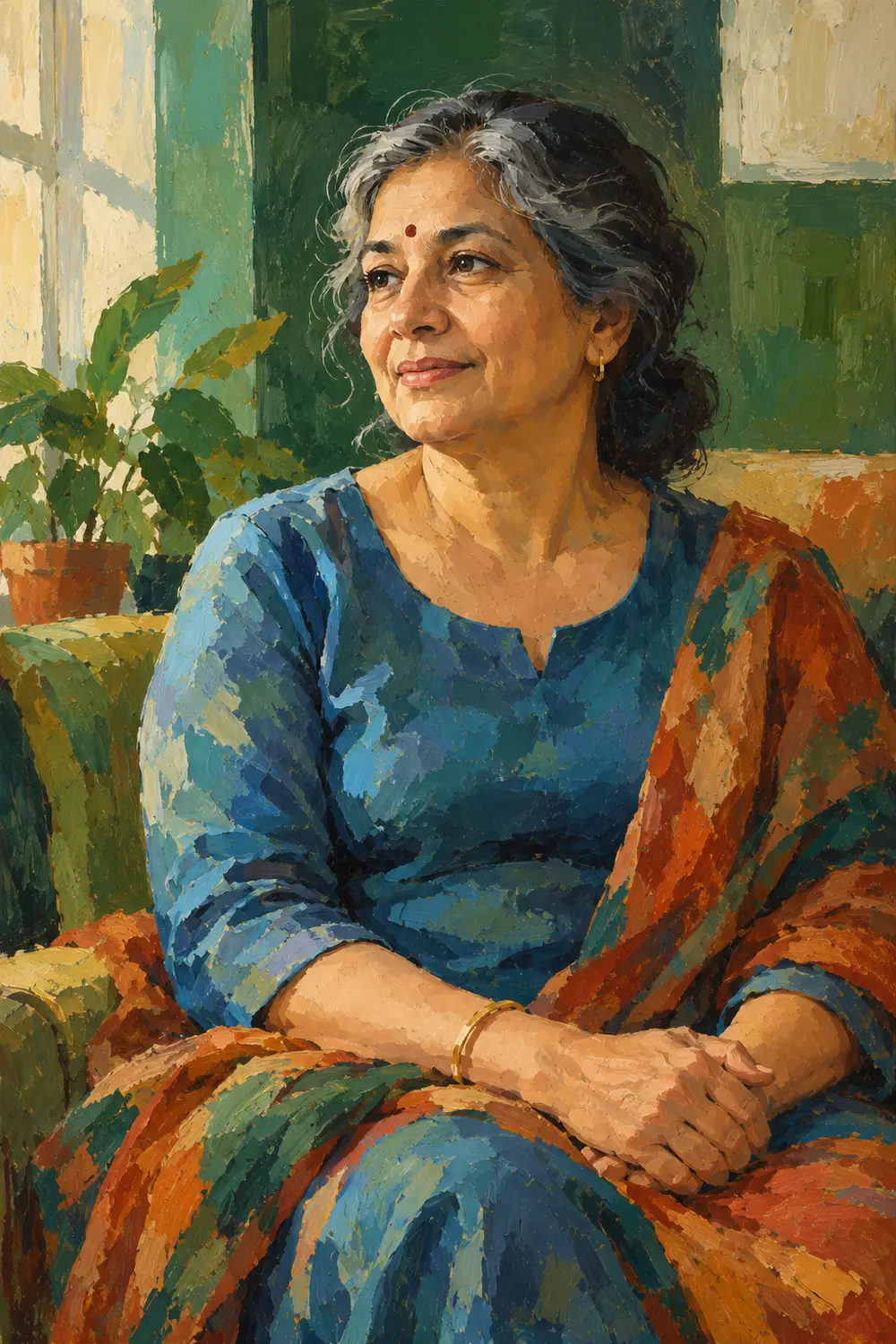 Vertical acrylic painting of a fictional older South Asian woman seated with hands folded in her lap, wearing a blue blouse and rust drape against green and cream blocks.