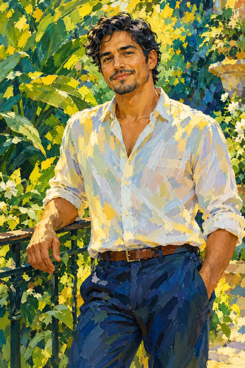 Vibrant acrylic portrait of a fictional dark-haired man standing beside a garden rail amid layered green and yellow foliage.
