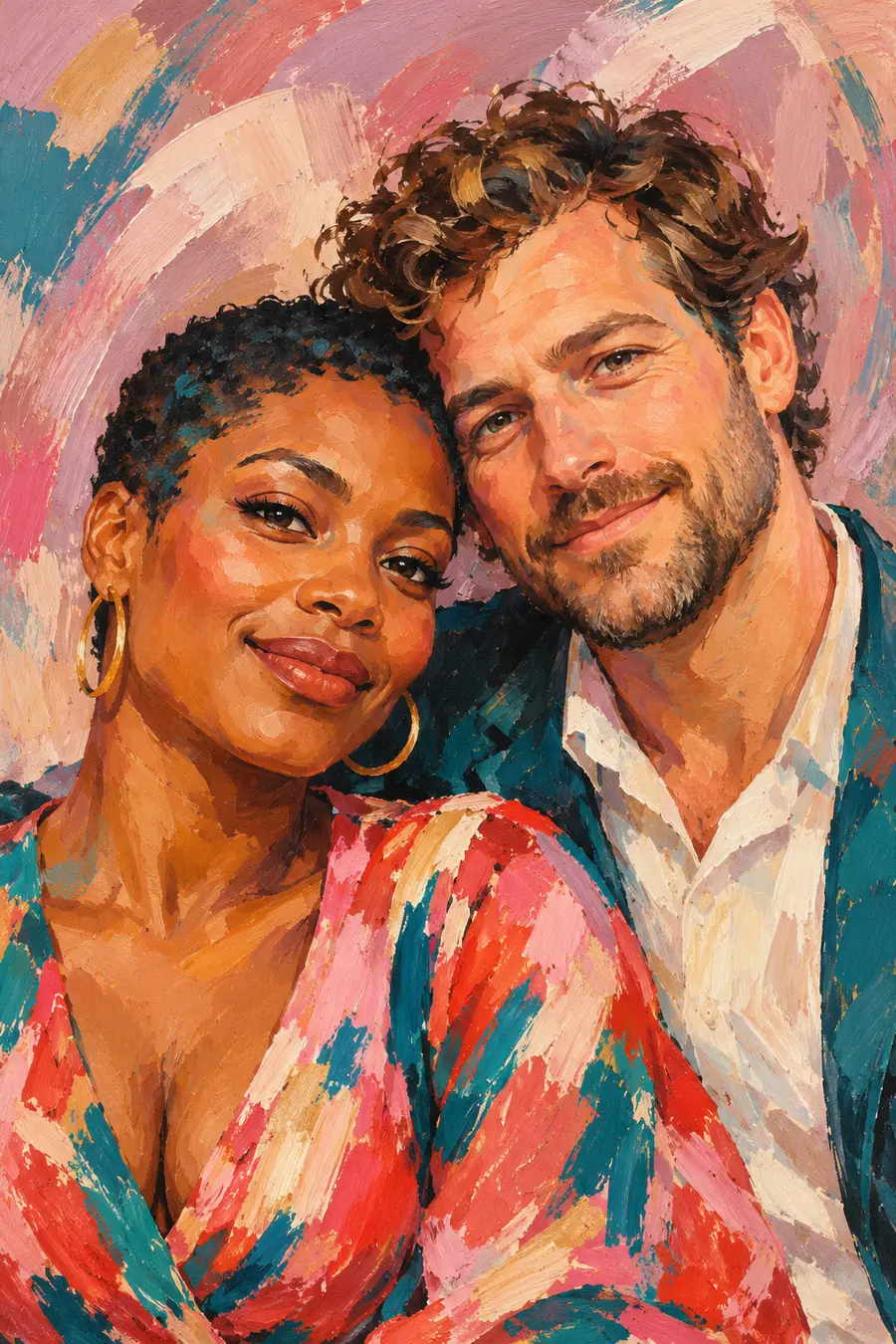 Acrylic portrait of a Black woman with cropped hair and a curly-haired white man leaning together, painted in teal, vermilion, pink, and cream.