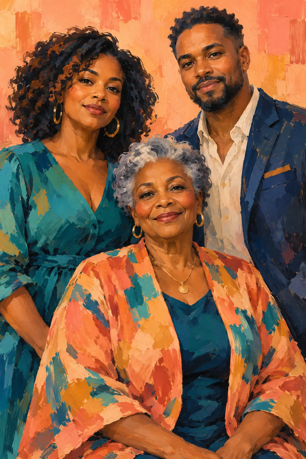 Acrylic portrait of an older Black mother seated in front of her adult daughter and son, painted in coral, teal, navy, and ochre against peach.