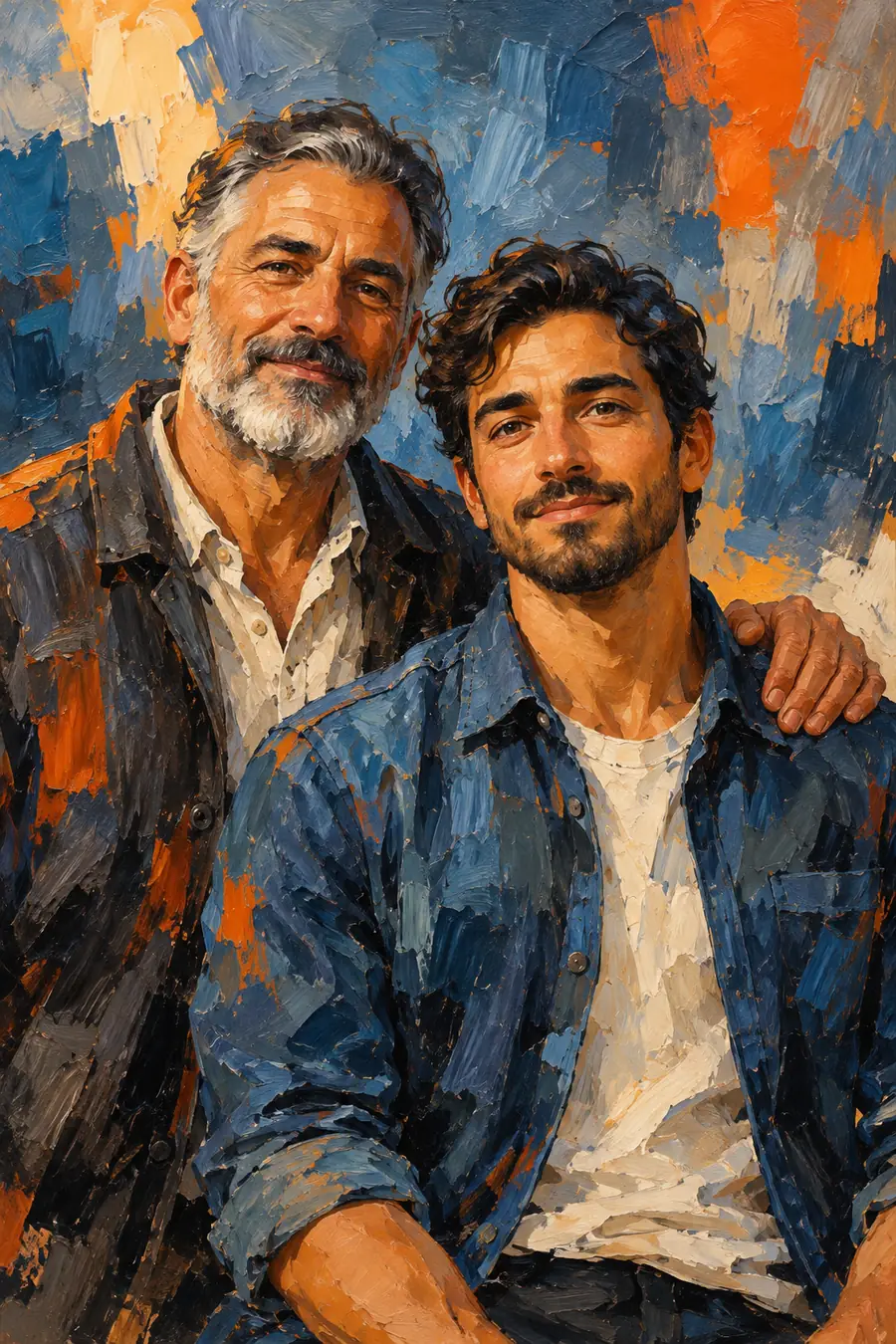 Textured acrylic portrait of a gray-bearded father standing behind his adult son, hand on his shoulder, against a blue-gray and orange abstract background.