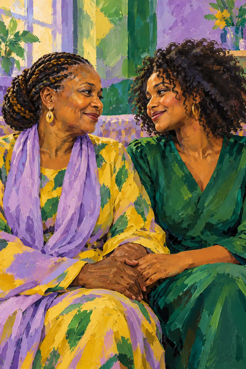 Vibrant acrylic painting of an adult mother with braided hair and her curly-haired adult daughter seated close together, smiling and holding hands.