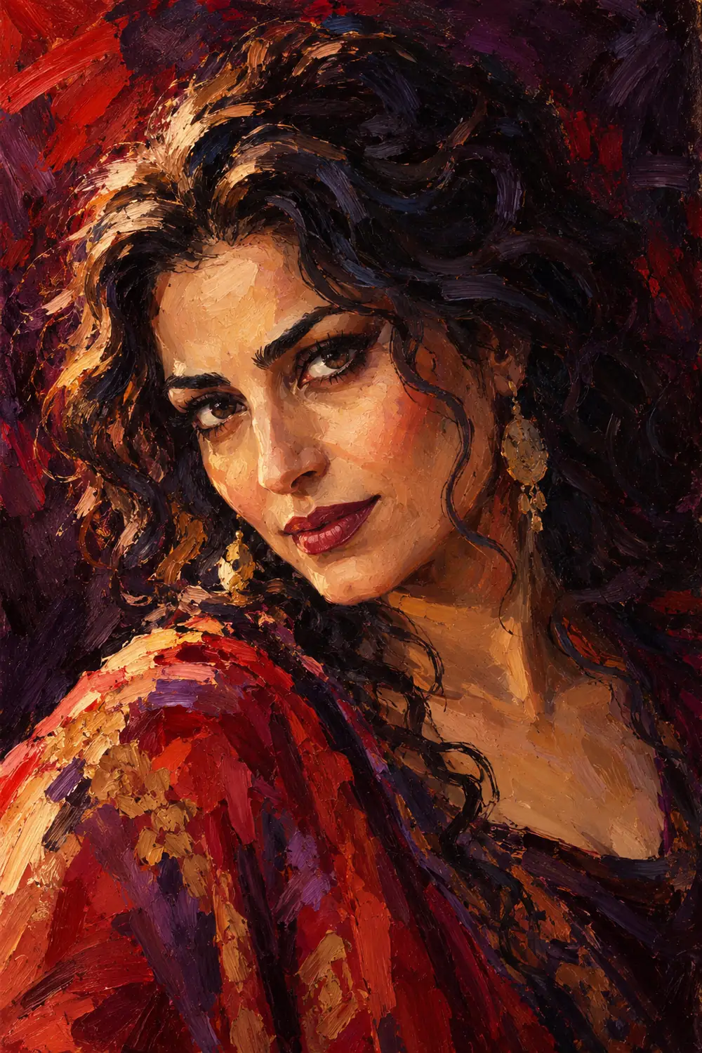 Vertical acrylic portrait painting of a fictional adult woman with dark wavy hair, looking toward the viewer in warm ochre light against crimson and deep violet shadows.