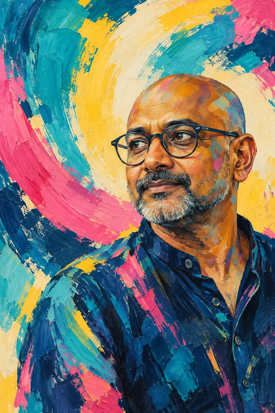 Finished acrylic painting of a shaved-head South Asian man with round glasses, positioned on the right against sweeping turquoise, pink, yellow, navy, and cream strokes.