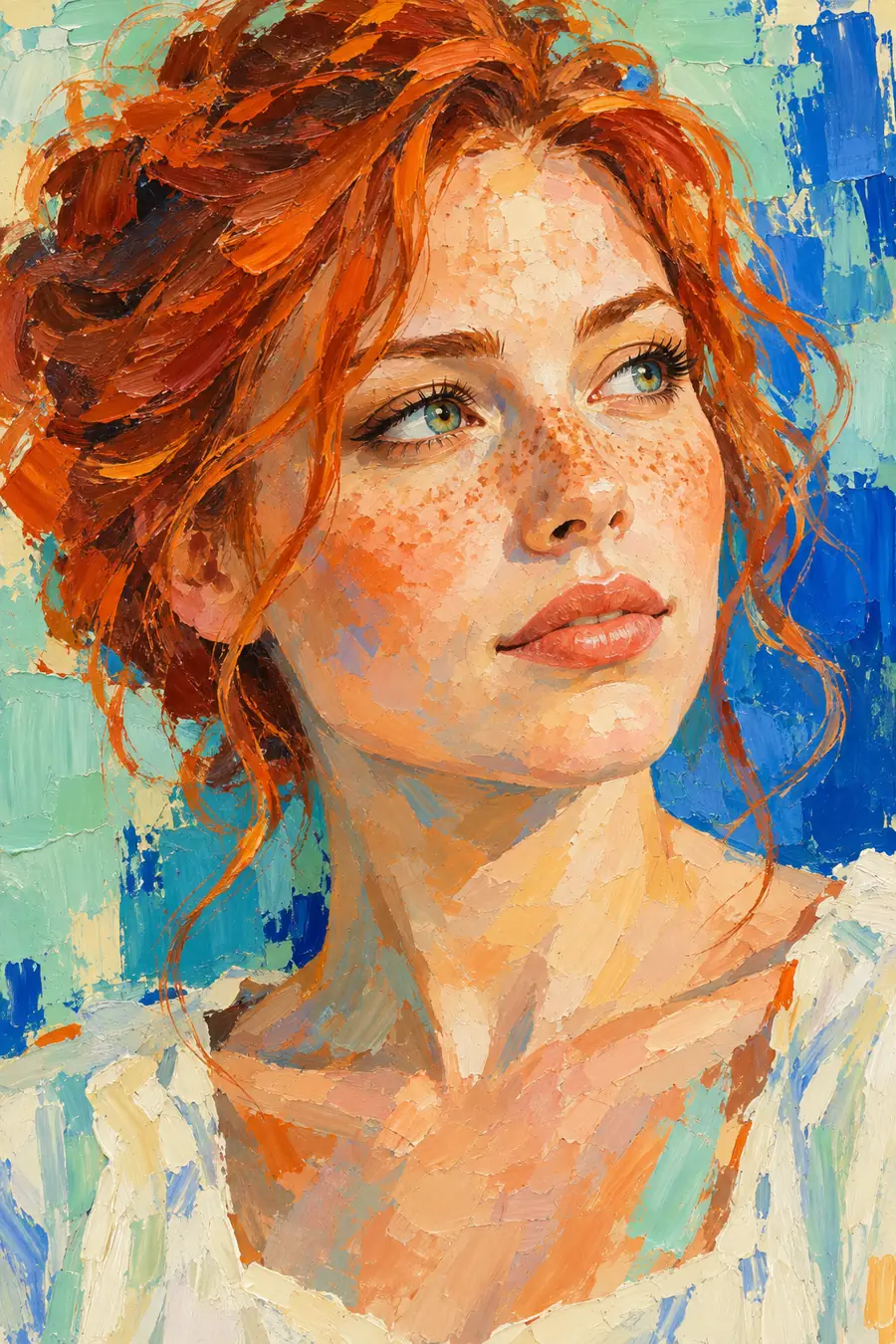 Close cropped acrylic portrait of a fictional freckled red-haired adult woman against mint and royal blue blocks, with tangerine and cream brushwork.