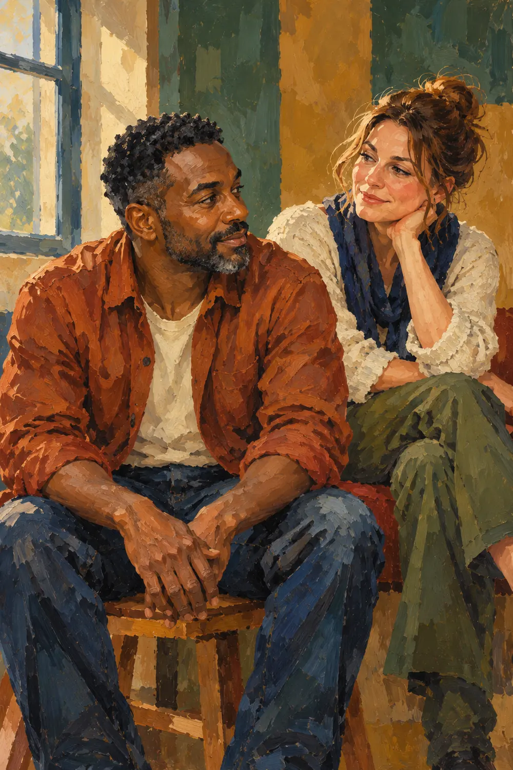 Acrylic portrait painting of a Black man seated forward on a low stool and a woman seated behind him, facing one another in a warmly lit interior.