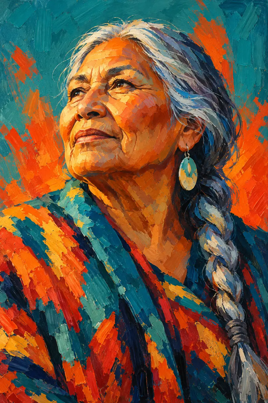 Vivid acrylic portrait of an older woman with a long gray braid, chin raised, against a blue-green background with orange-red brush marks.