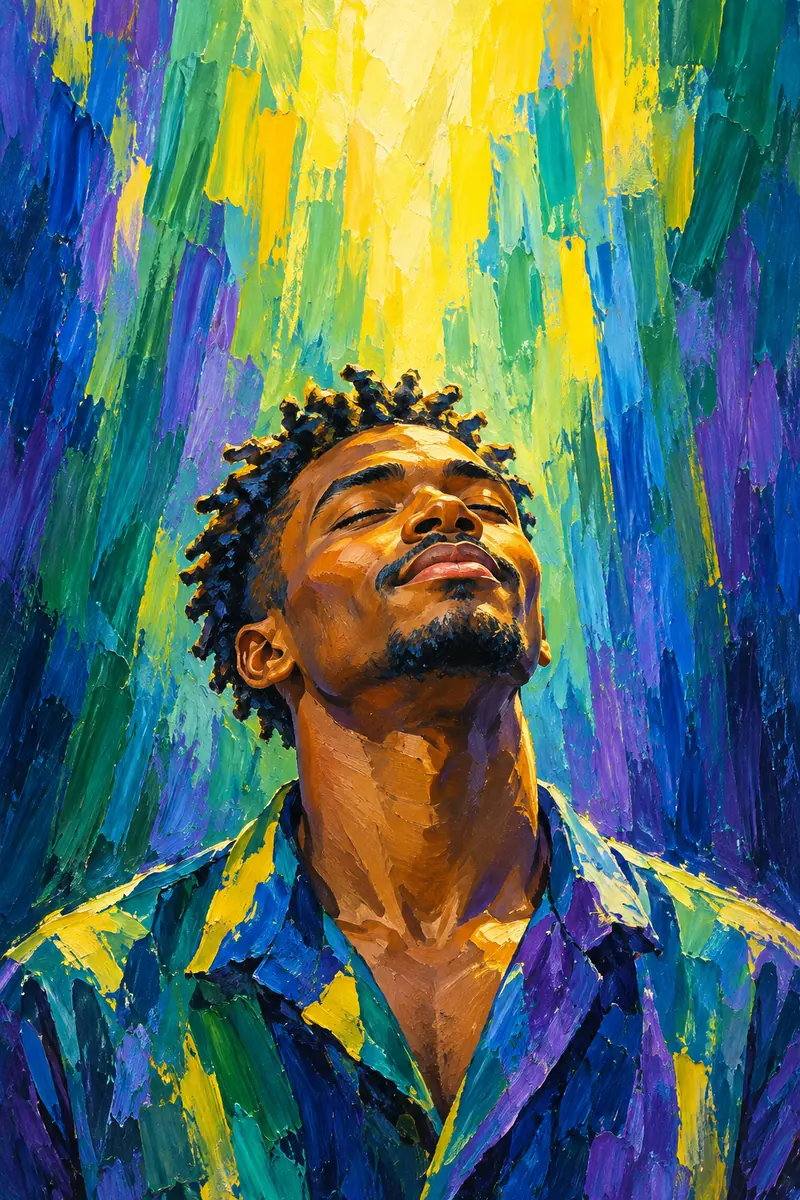 Vibrant acrylic portrait of a fictional adult man with short twists, eyes closed and head tilted back beneath tall emerald, yellow, violet, and blue brushstrokes.