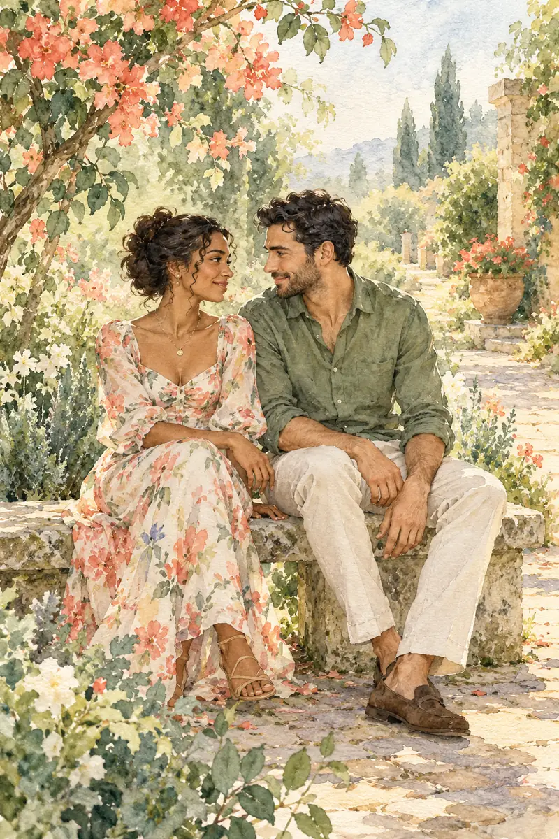 Watercolor painting of two adult partners seated close together on a low stone garden bench, facing one another beneath coral blossoms.