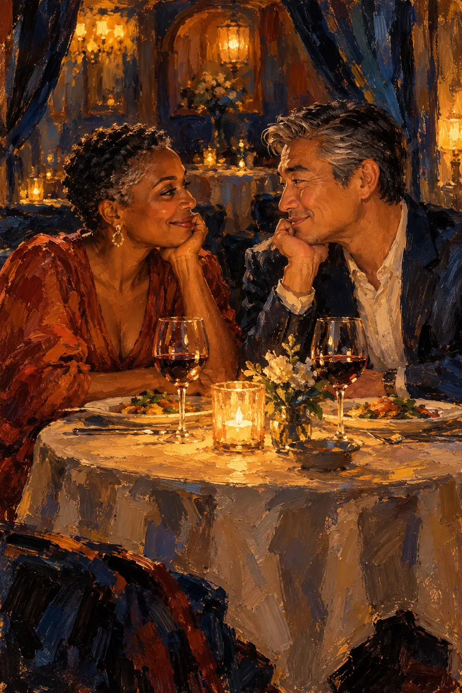 Text-free oil painting of a Black woman with close-cropped hair and an East Asian man with salt-and-pepper hair smiling across a candlelit dinner table.