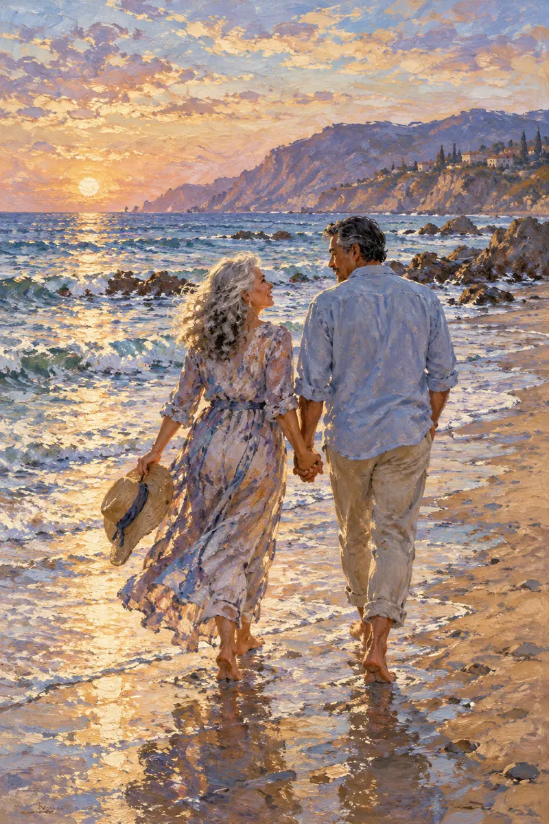 Impressionist painting of a silver-haired woman and dark-haired man walking hand in hand along a glowing coastal shore.