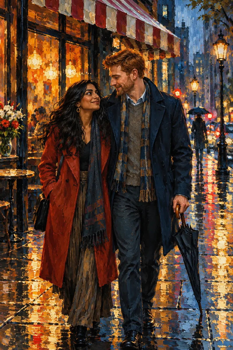 Textured acrylic painting of a dark haired woman in a red coat and an auburn haired man in a blue coat standing close beneath a striped awning on a rainy city sidewalk, with a folded umbrella at their side.