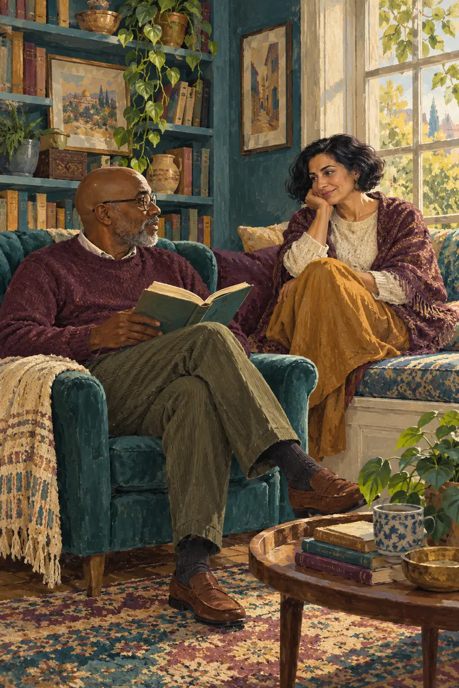 Vertical gouache-style painting of a Black man with glasses reading in an armchair while his Middle Eastern partner listens from a sunny window seat, surrounded by books and plants.