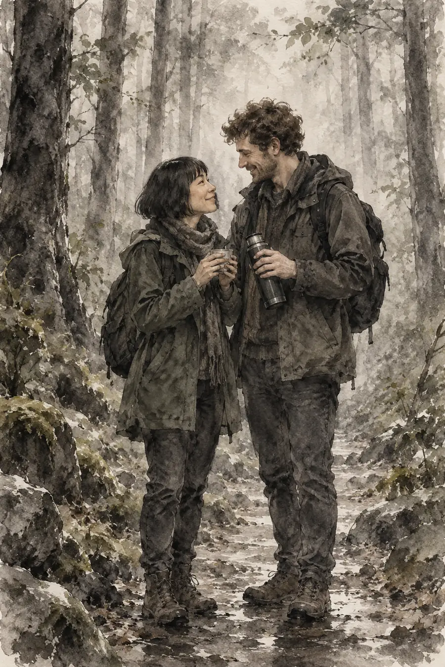 Ink wash painting of a Japanese woman with a dark bob and a curly-haired man sharing a thermos on a misty woodland path.