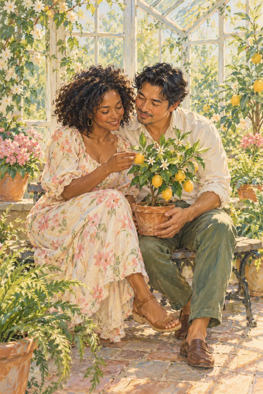 Pastel painting of a Black woman with natural curls and a Filipino man seated together beside a potted citrus tree in a sunlit conservatory.