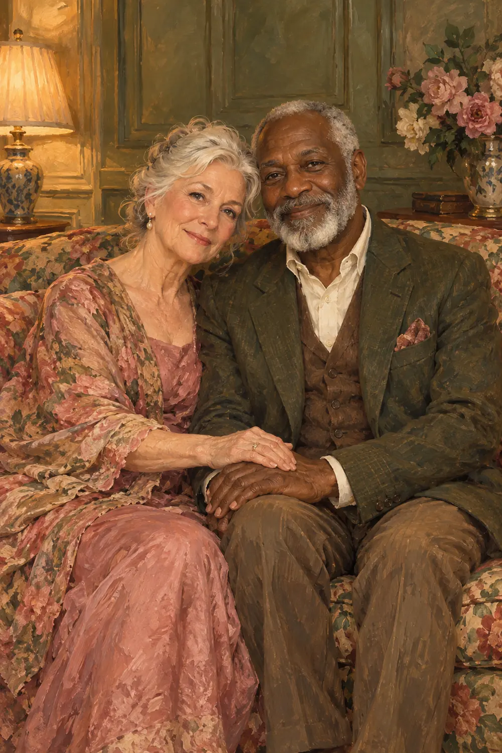 Vintage painting of a silver-haired woman and gray-bearded man seated close together on a patterned sofa, hands joined on their knees, with flowers and a lamp behind them.