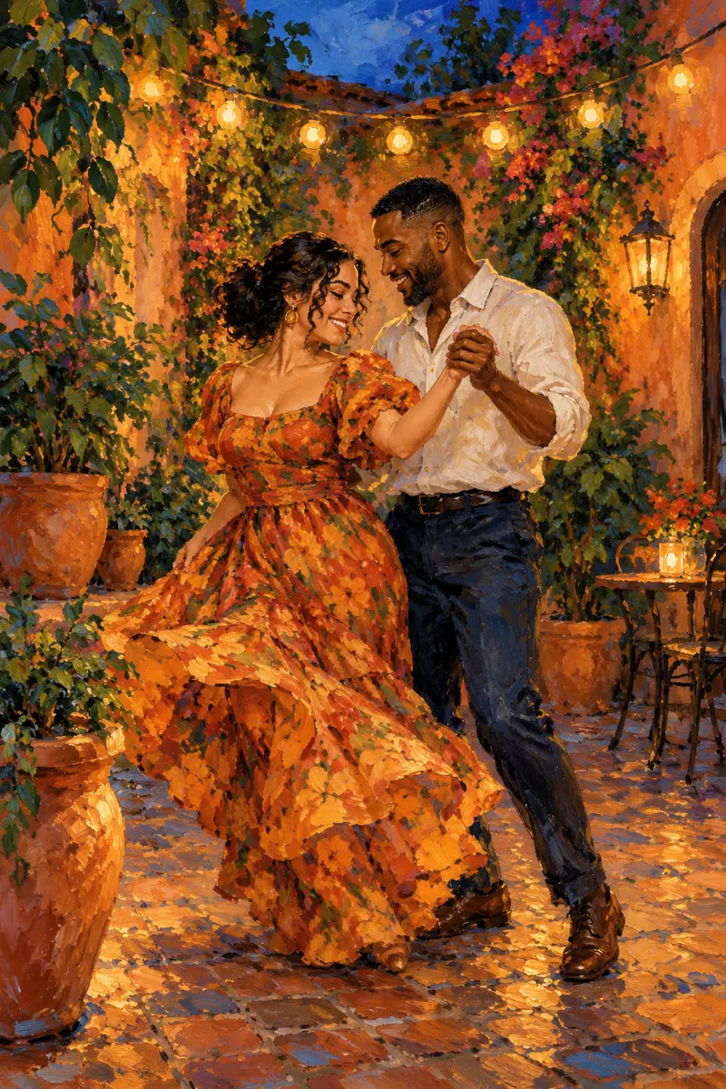 Impressionist painting of a Latina woman with dark curls and a Black man dancing hand in hand in a warmly lit courtyard at dusk.