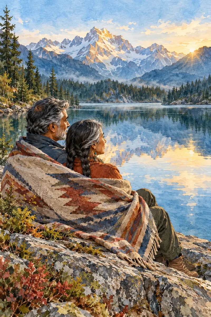 Watercolor painting of two mature partners wrapped in a patterned blanket on a lakeside rock, facing a reflective mountain lake at sunrise.