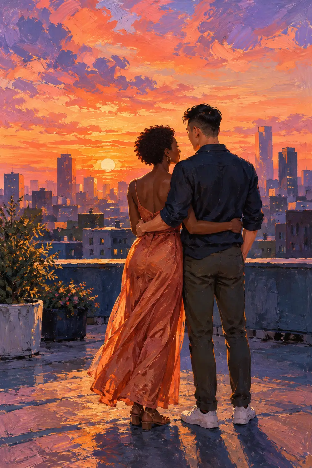 Acrylic painting of a Black woman with short natural hair and an East Asian man with a dark undercut standing arm in arm on a rooftop at sunset.