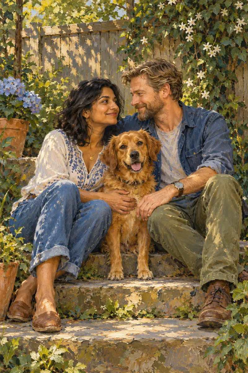Vertical oil painting of a South Asian woman and a sandy-bearded white man seated with their golden-brown dog in a leafy backyard.