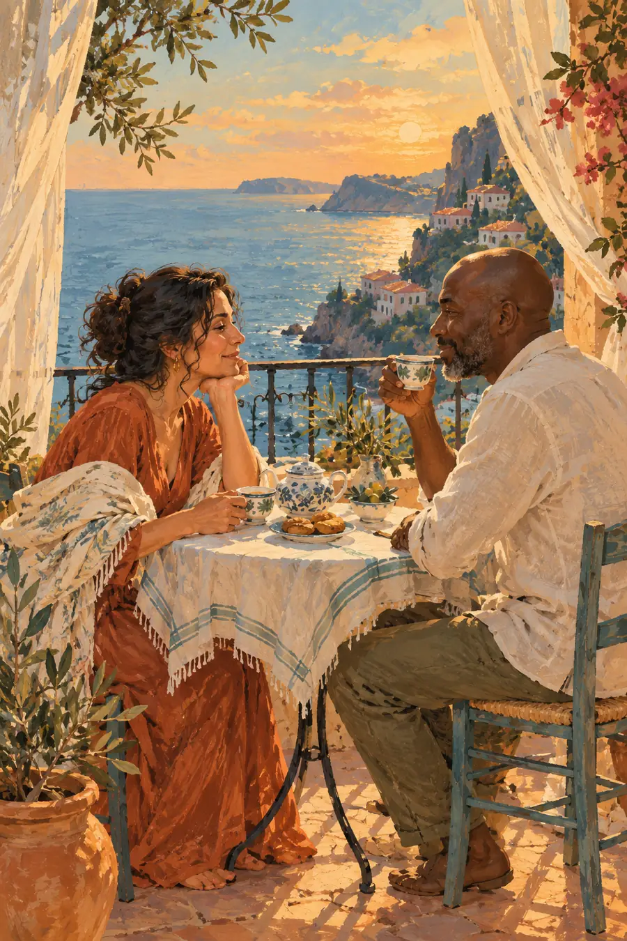 Gouache painting of a Greek woman and Black man sharing tea at a balcony table overlooking the sunlit sea.