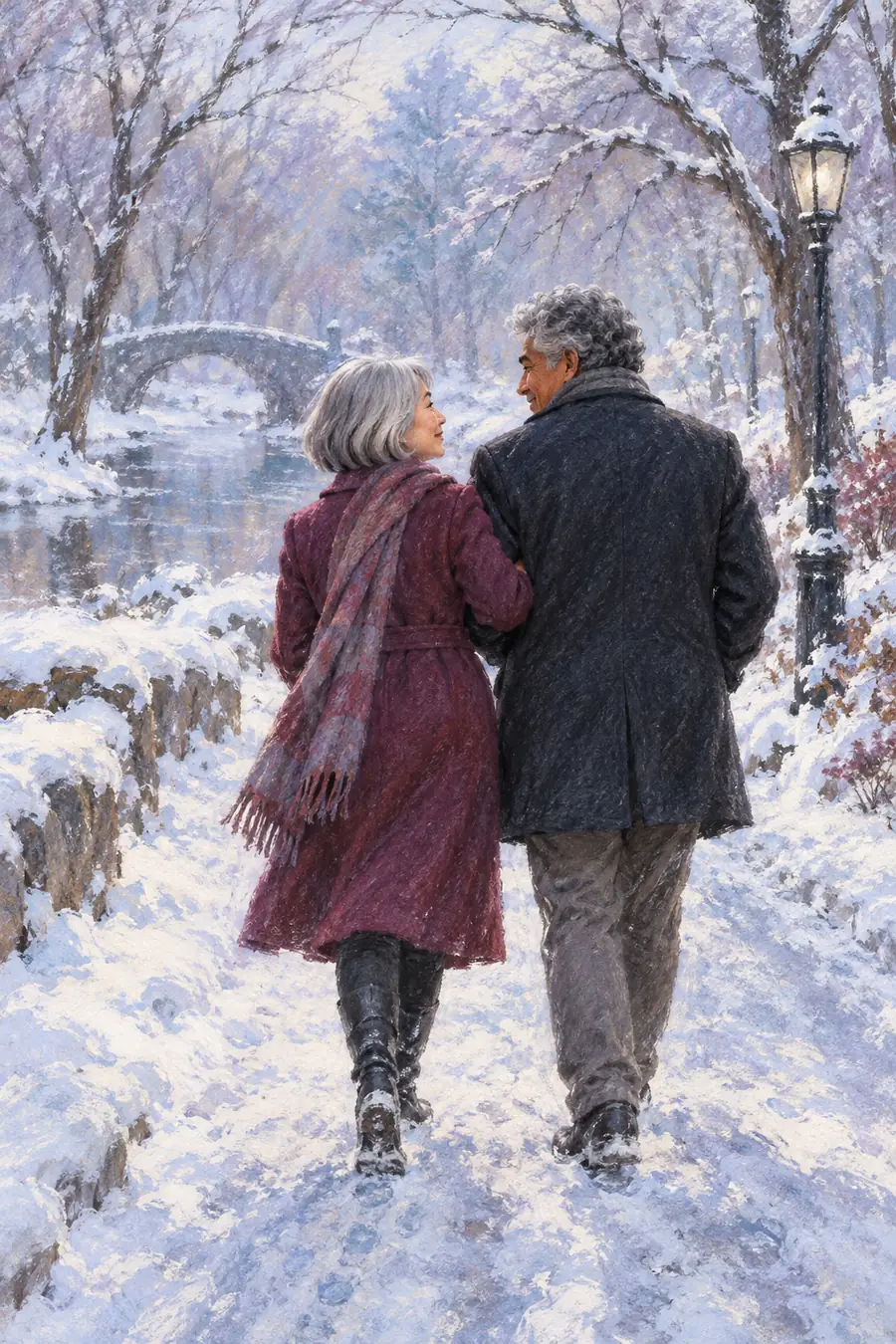 Pastel painting of a silver-haired woman and gray-curled man walking arm in arm on a snowy park path, seen from behind at a slight angle.