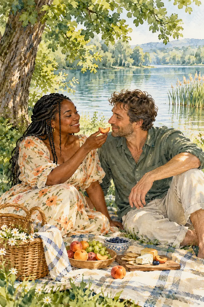 Watercolor painting of a Black woman with braided hair offering fruit to a brown-haired man during a picnic by a calm lake.