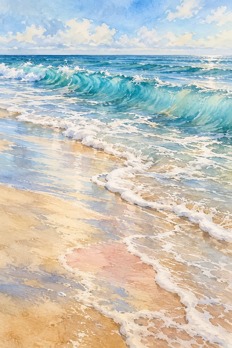 Vertical watercolor painting of a rolling turquoise wave sweeping diagonally across pale wet sand, with white foam and a low horizon.