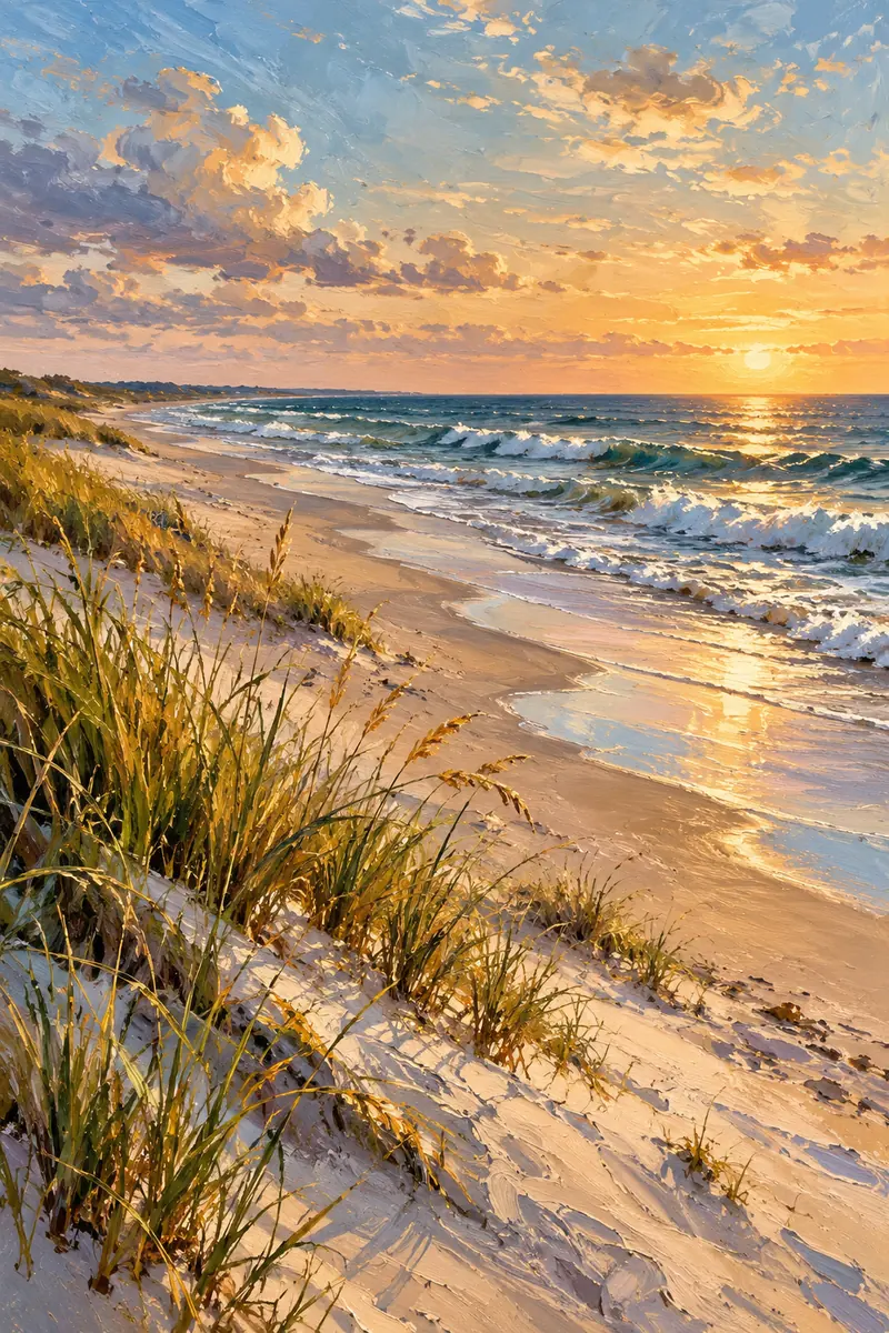 Vertical oil painting of dune grass beside warm sand, with blue waves and bright late afternoon light across a quiet beach.