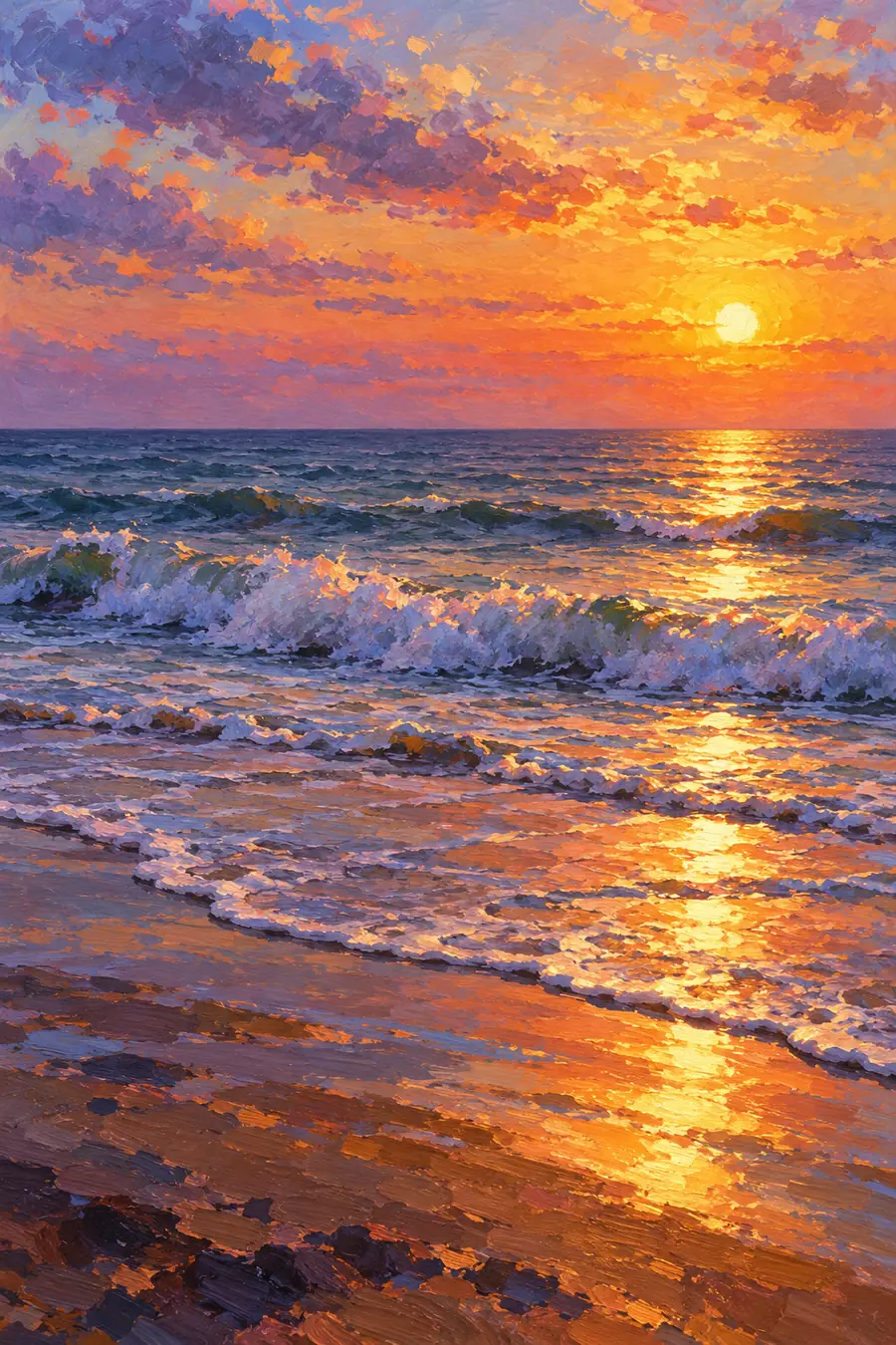 Vertical impressionist painting of an empty beach at sunset, with a low sun at upper right, a glowing reflection across breaking waves, and shadowed wet sand.