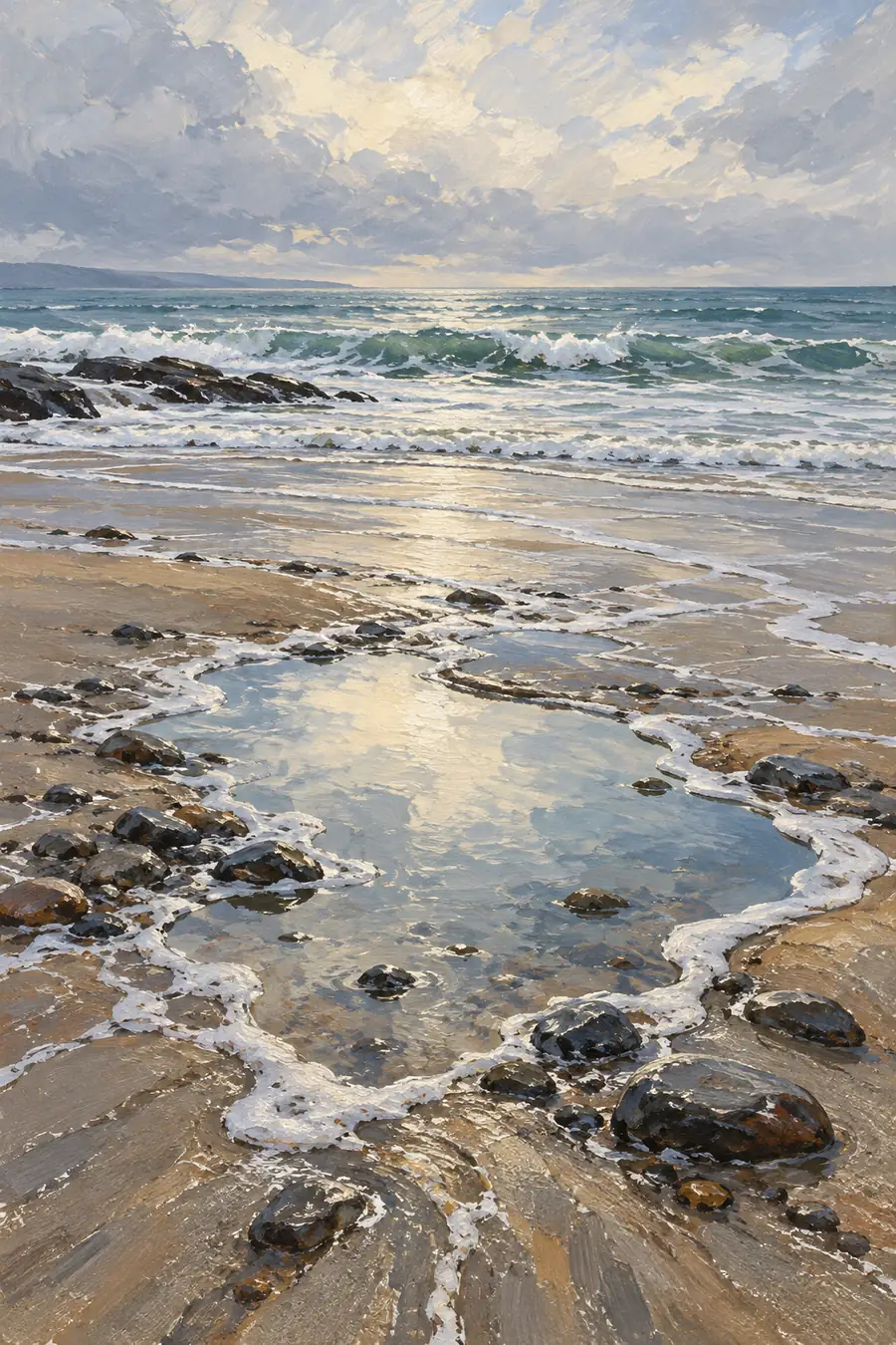 Vertical acrylic painting of a pale sky reflected in a foreground tidal pool, surrounded by foam, dark pebbles, and a distant surf line beneath a cloudy sky.