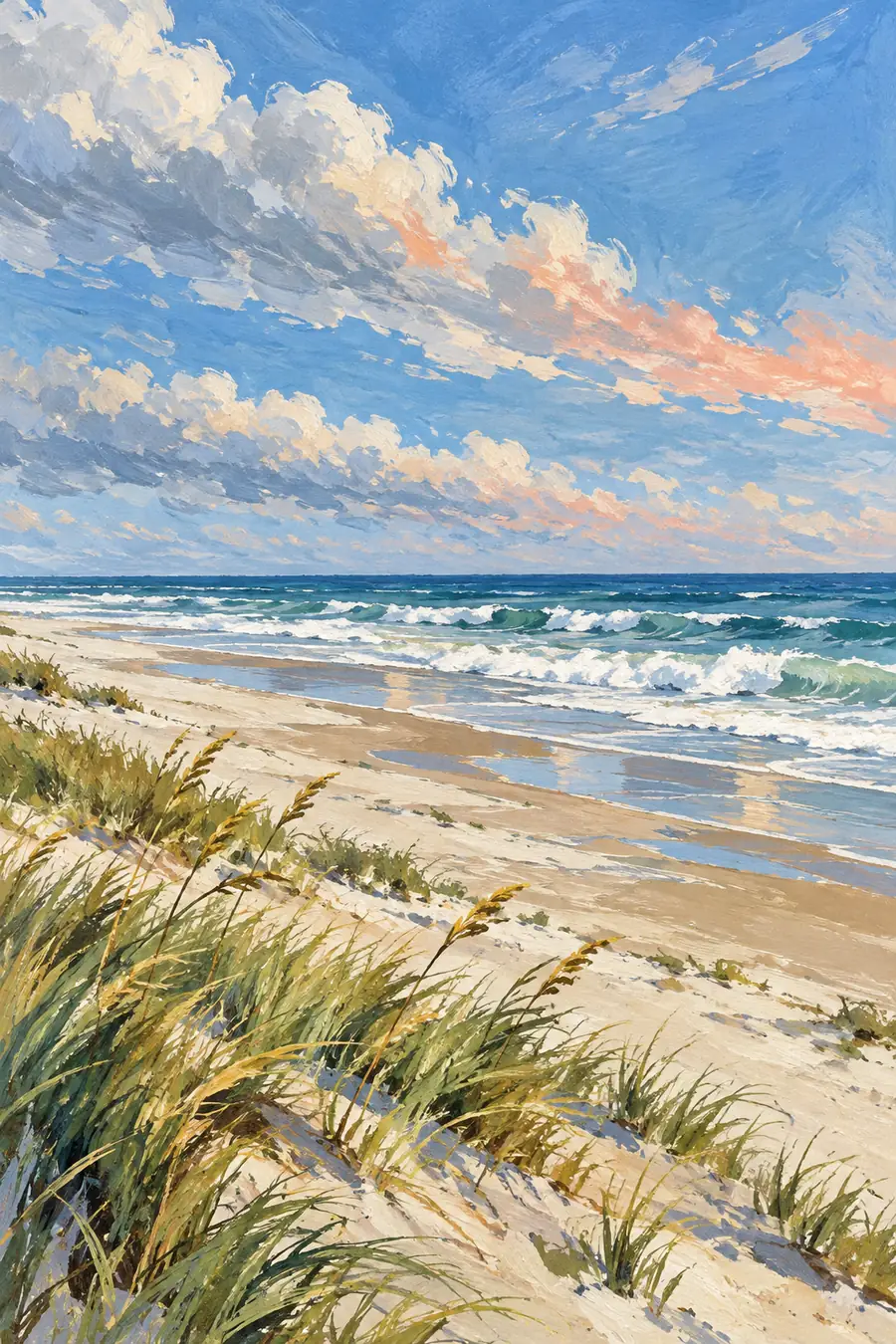 Vertical gouache painting of a breezy beach with sweeping cloud bands, pale surf, sandy shore, and wind-bent dune grass.